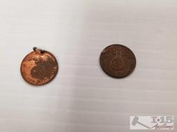 1937 1 and 2 Reich German Coins with Swastikas