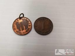 1937 1 and 2 Reich German Coins with Swastikas