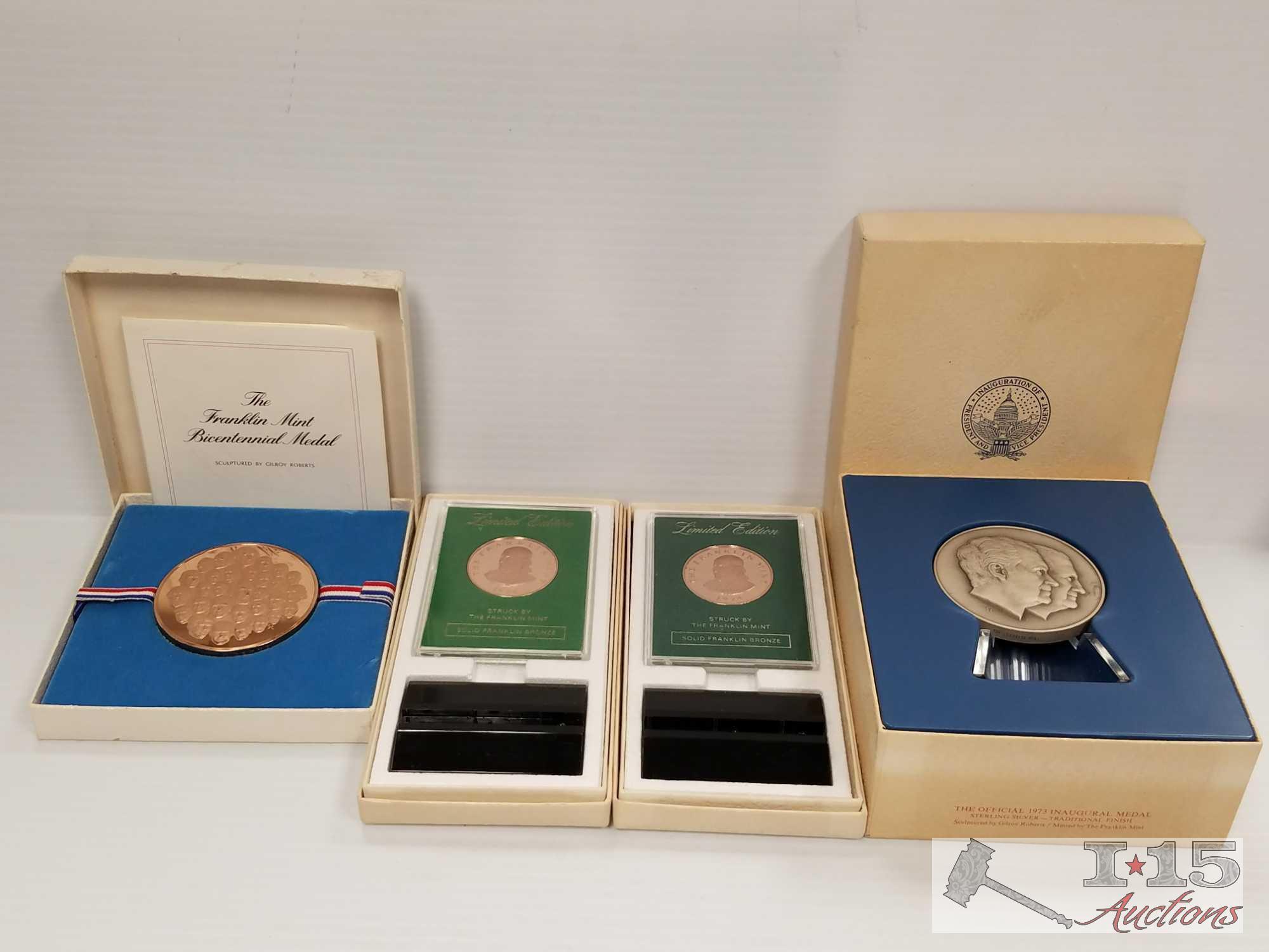 Franklin Mint Bicentennial medal, 1974 and 1976 Franklin Mint limited edition coins and President