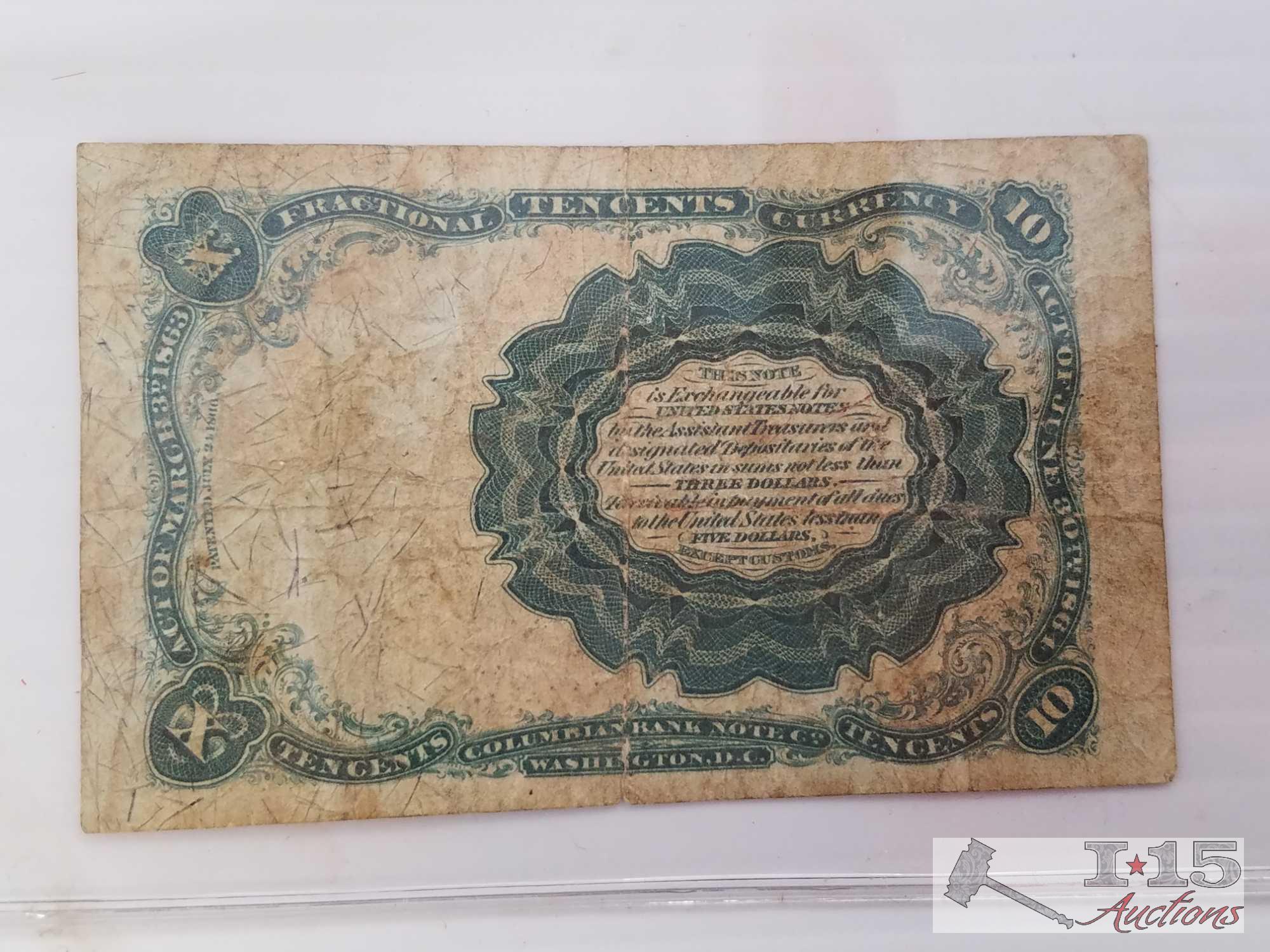 Old U. S. Paper Currency: 10, 25, 50 Cent fractional currency bill,