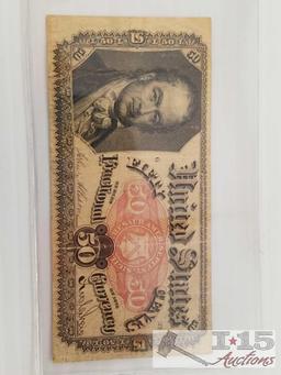 Old U. S. Paper Currency: 10, 25, 50 Cent fractional currency bill,