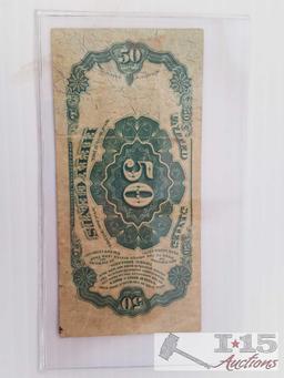 Old U. S. Paper Currency: 10, 25, 50 Cent fractional currency bill,