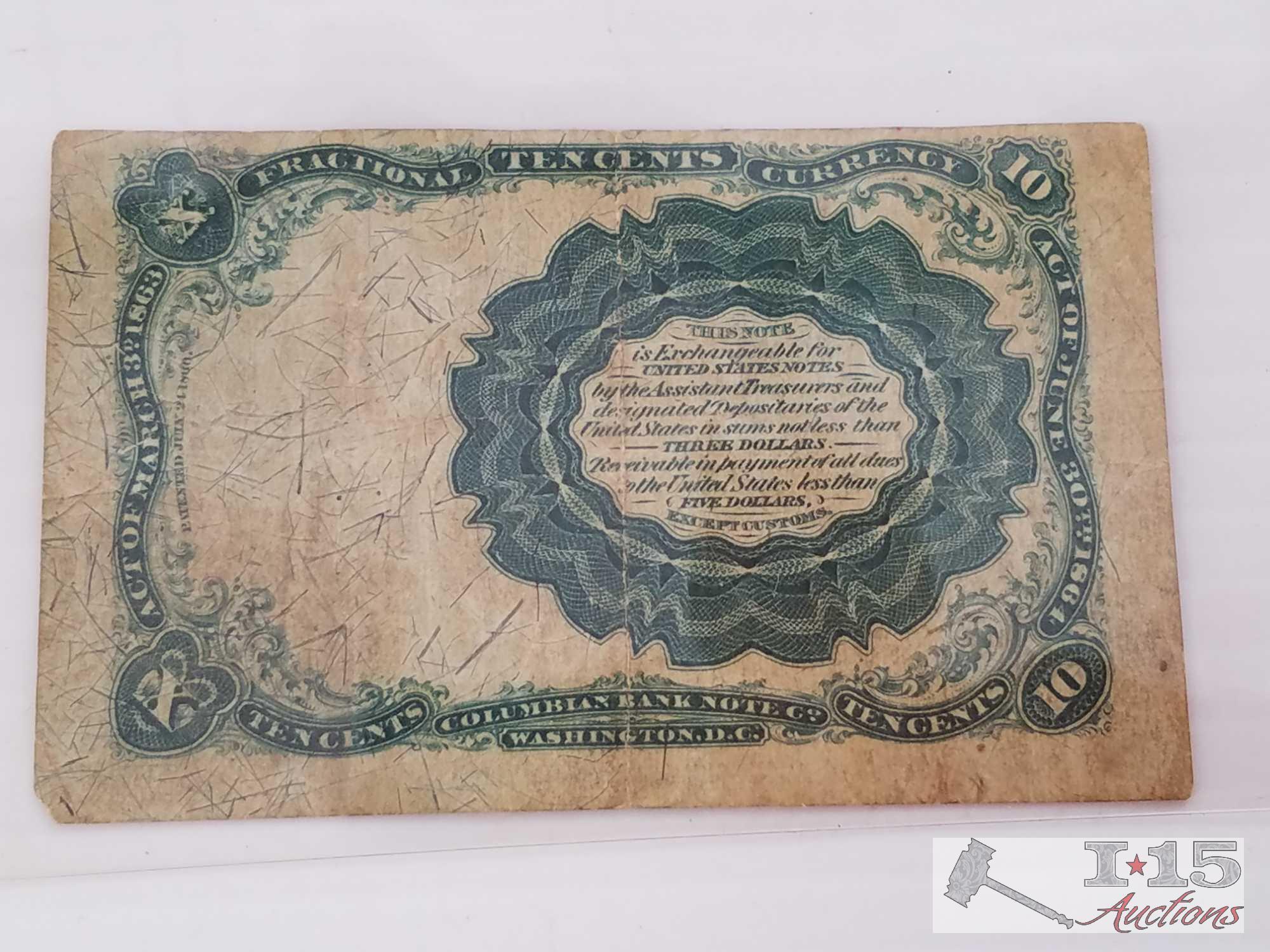 Old U. S. Paper Currency: 10, 25, 50 Cent fractional currency bill,