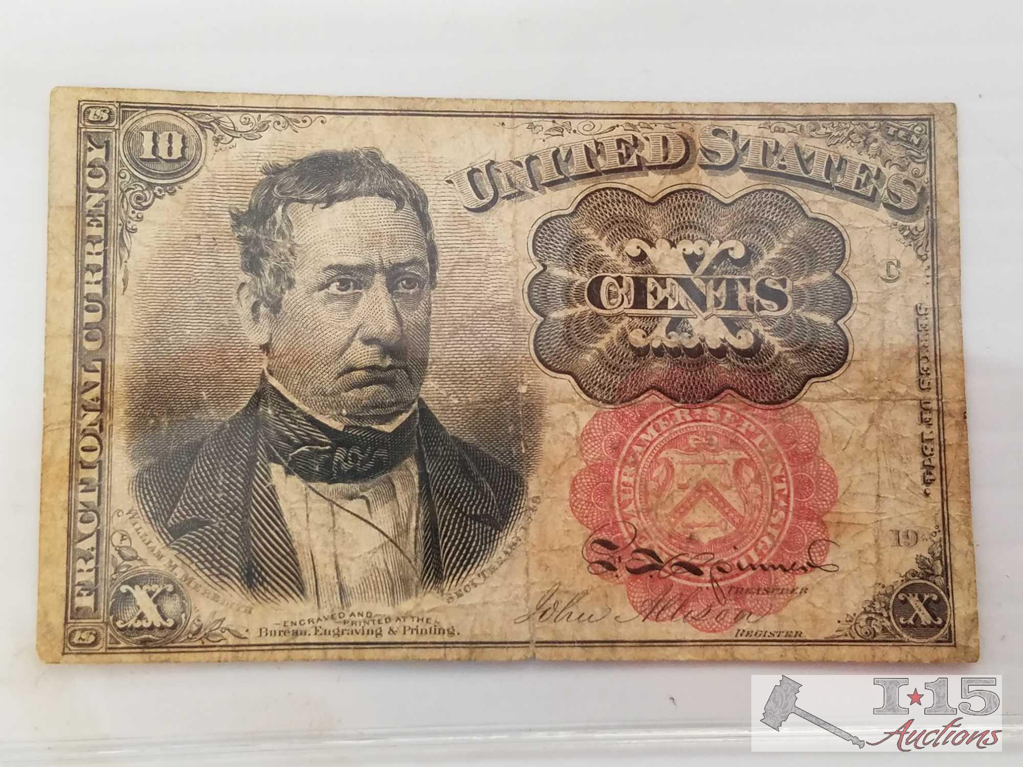 Old U. S. Paper Currency: 10, 25, 50 Cent fractional currency bill,