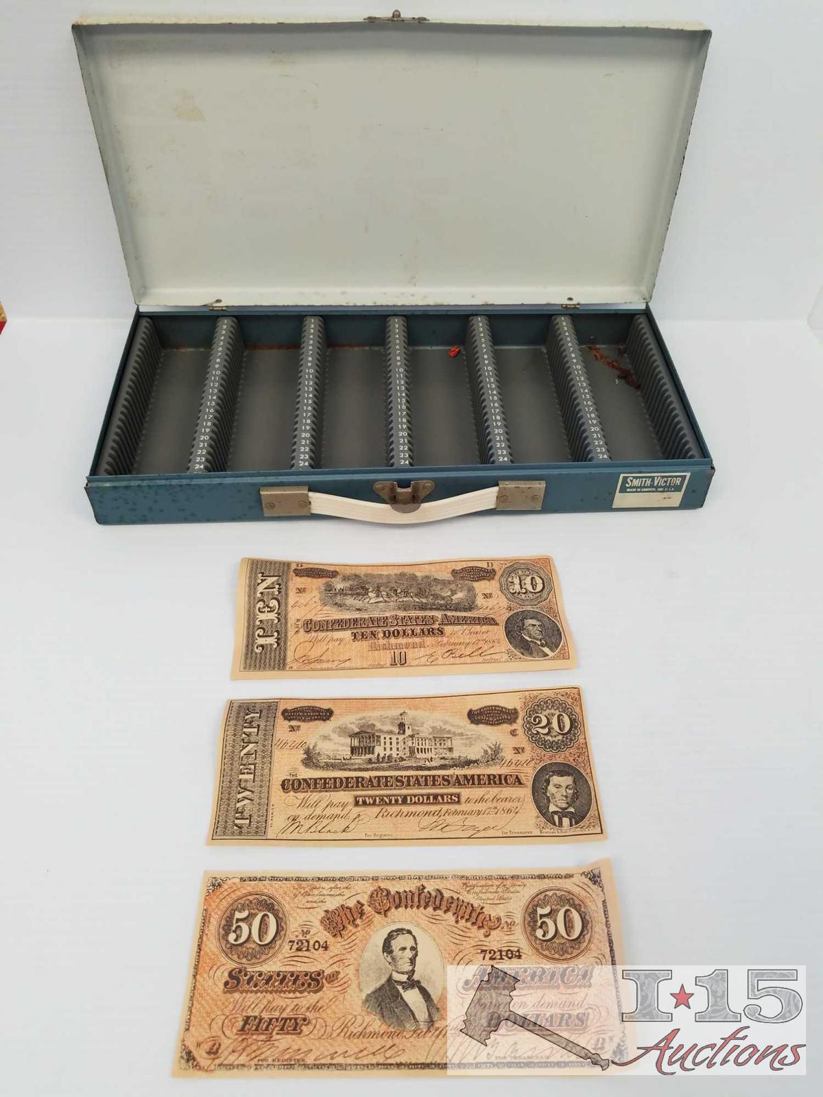 Three Confederate Bill Replicas - $10, $20 and $50 and Vintage Smith-Victor metal coin case