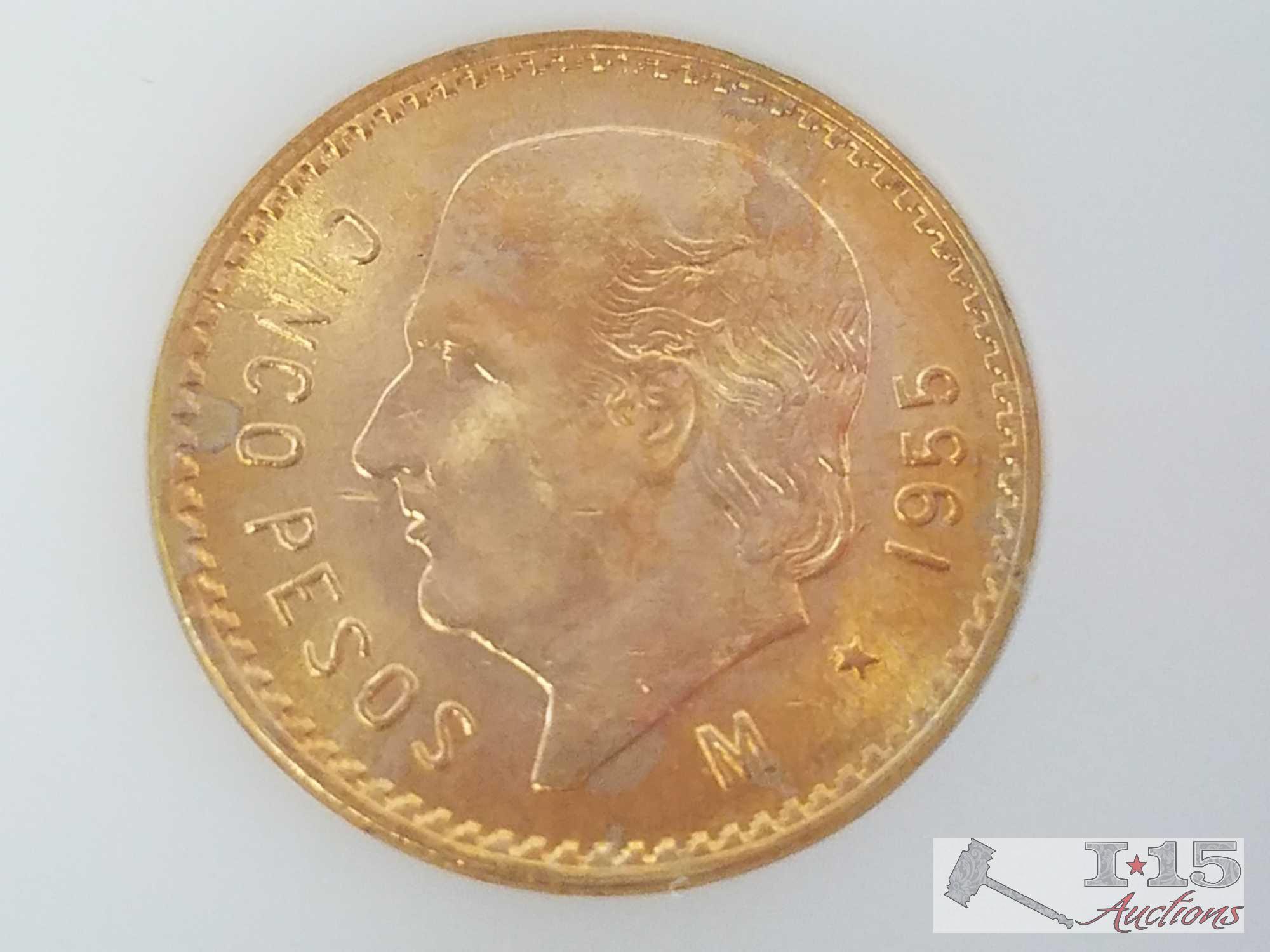 Mexico gold coins - 1955 5 pesos coin, 1945 2.5 pesos coin, 1945 2 pesos coin