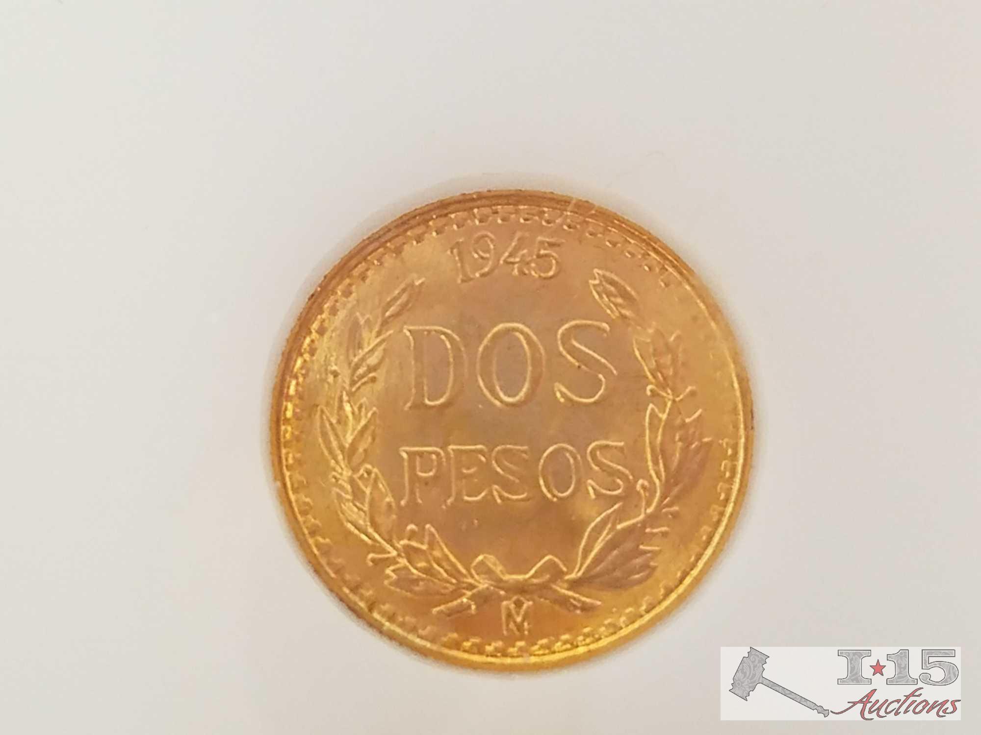 Mexico gold coins - 1955 5 pesos coin, 1945 2.5 pesos coin, 1945 2 pesos coin