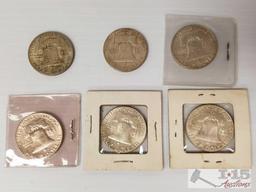 6 Silver Ben Franklin half dollars - 1948, 1952, four are 1963