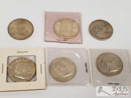 6 Silver Ben Franklin half dollars - 1948, 1949, 1961 three are 1963