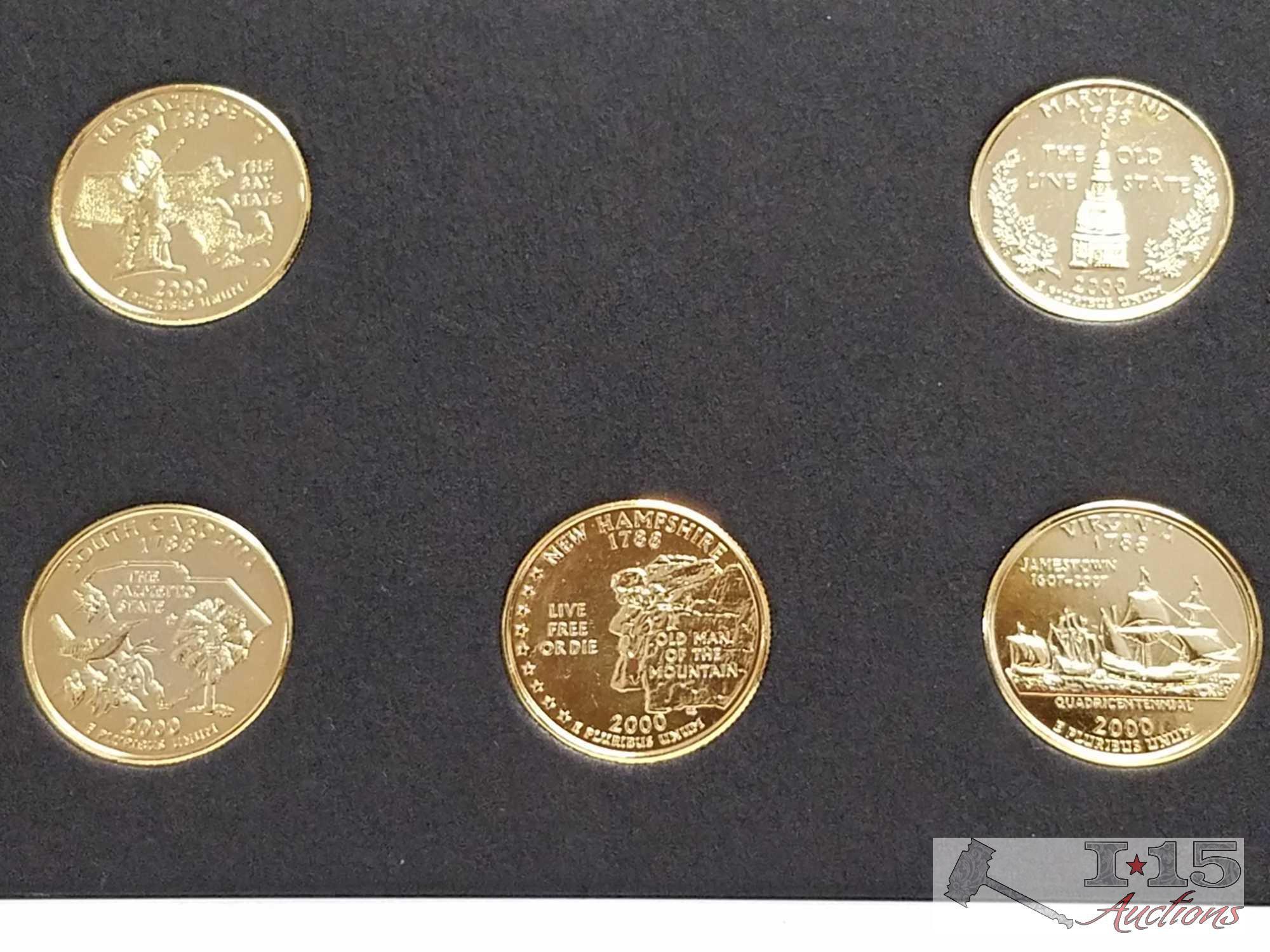 24 - 2000 P Sacagawea Eagle Gold Dollar coins, 15 - Gold Plated State Quarters, 1989 D Quarter, 1990