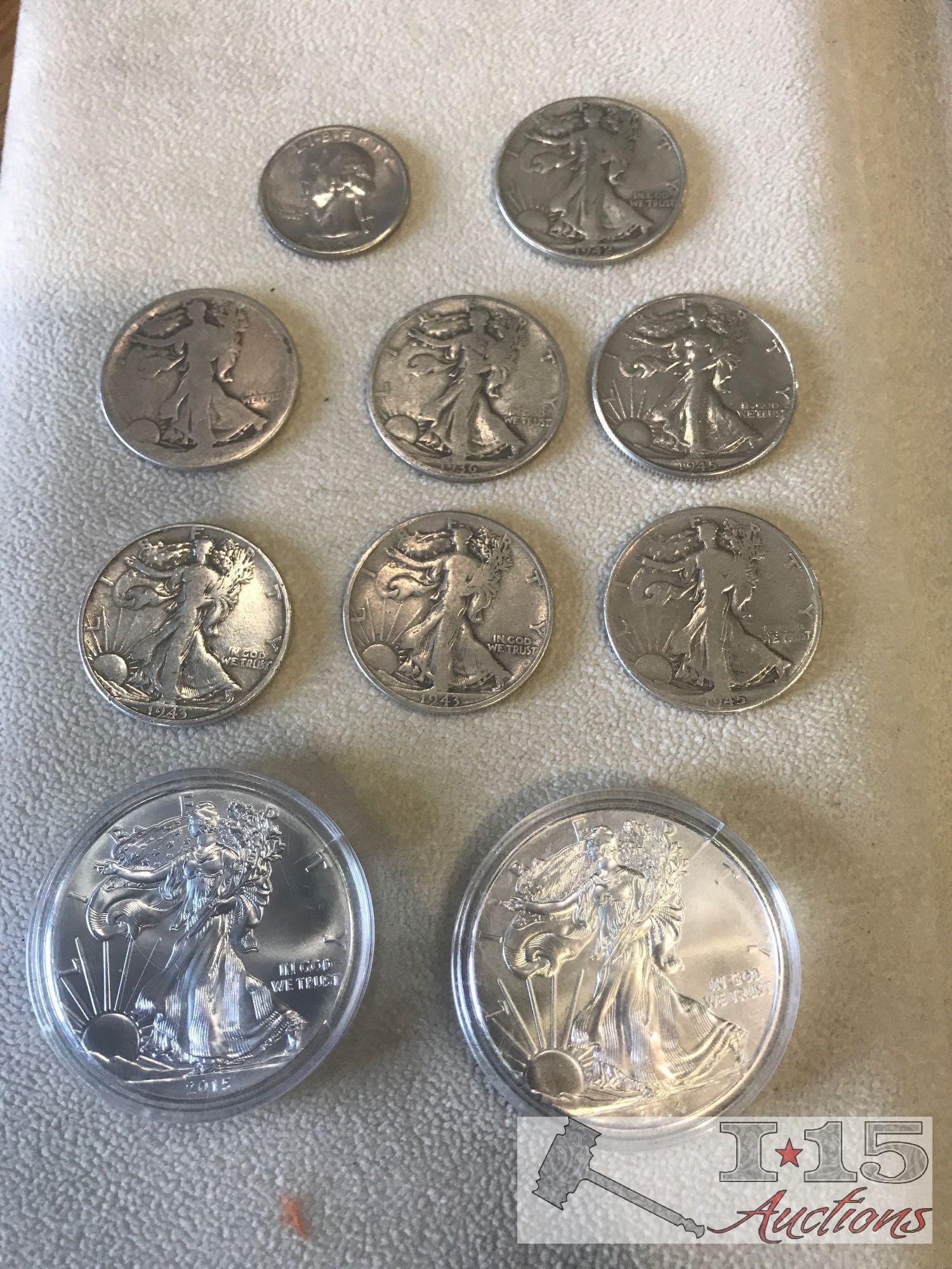 2 silver dollars, 7 silver half dollars and 1 silver quarter