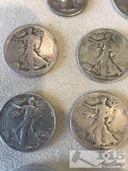 2 silver dollars, 7 silver half dollars and 1 silver quarter