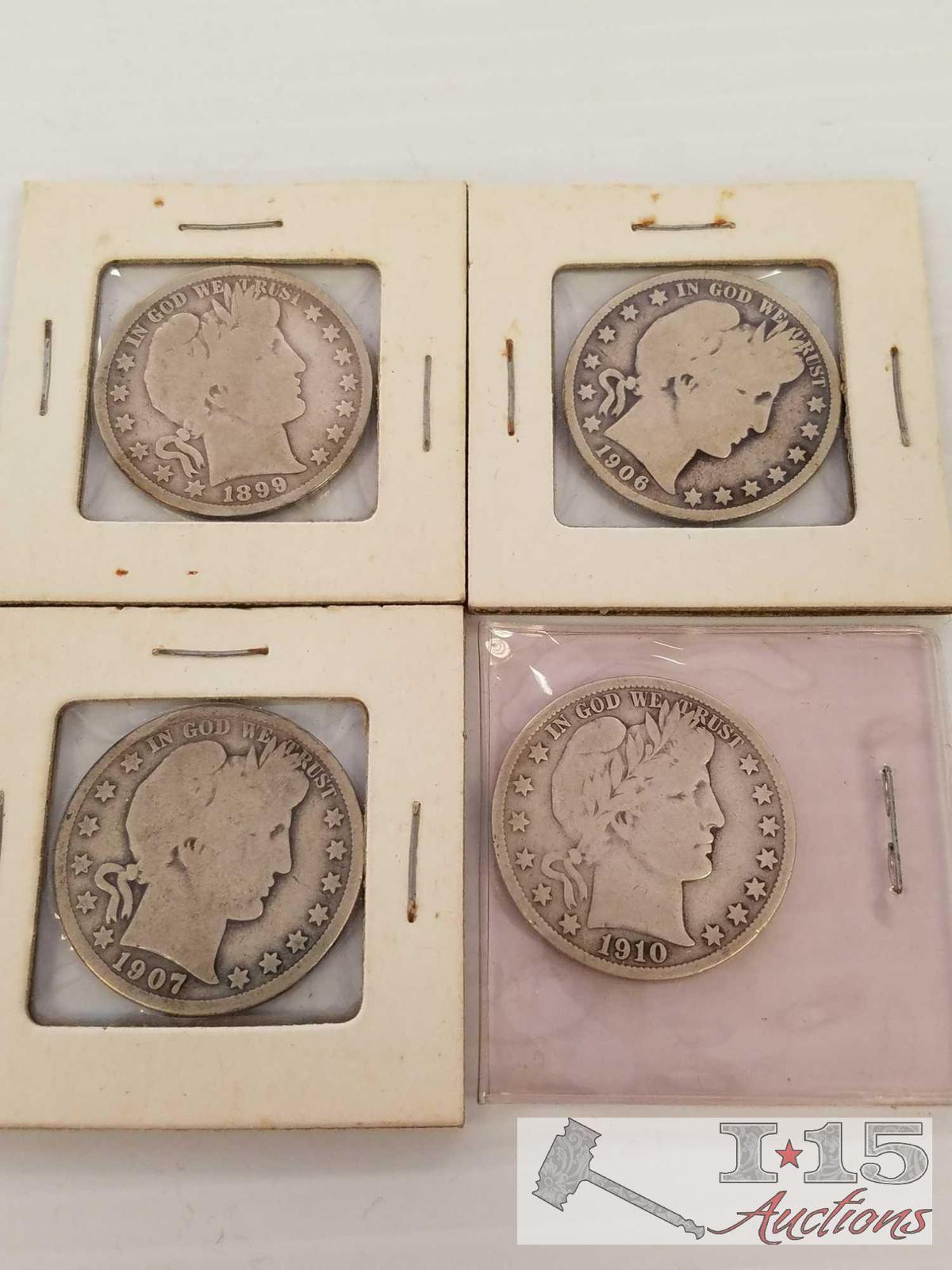 1899, 1906, 1907, 1910 Liberty Barber silver half dollars