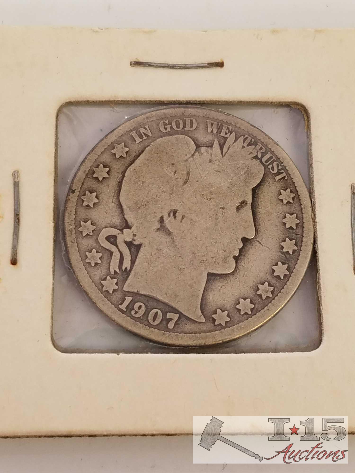 1899, 1906, 1907, 1910 Liberty Barber silver half dollars