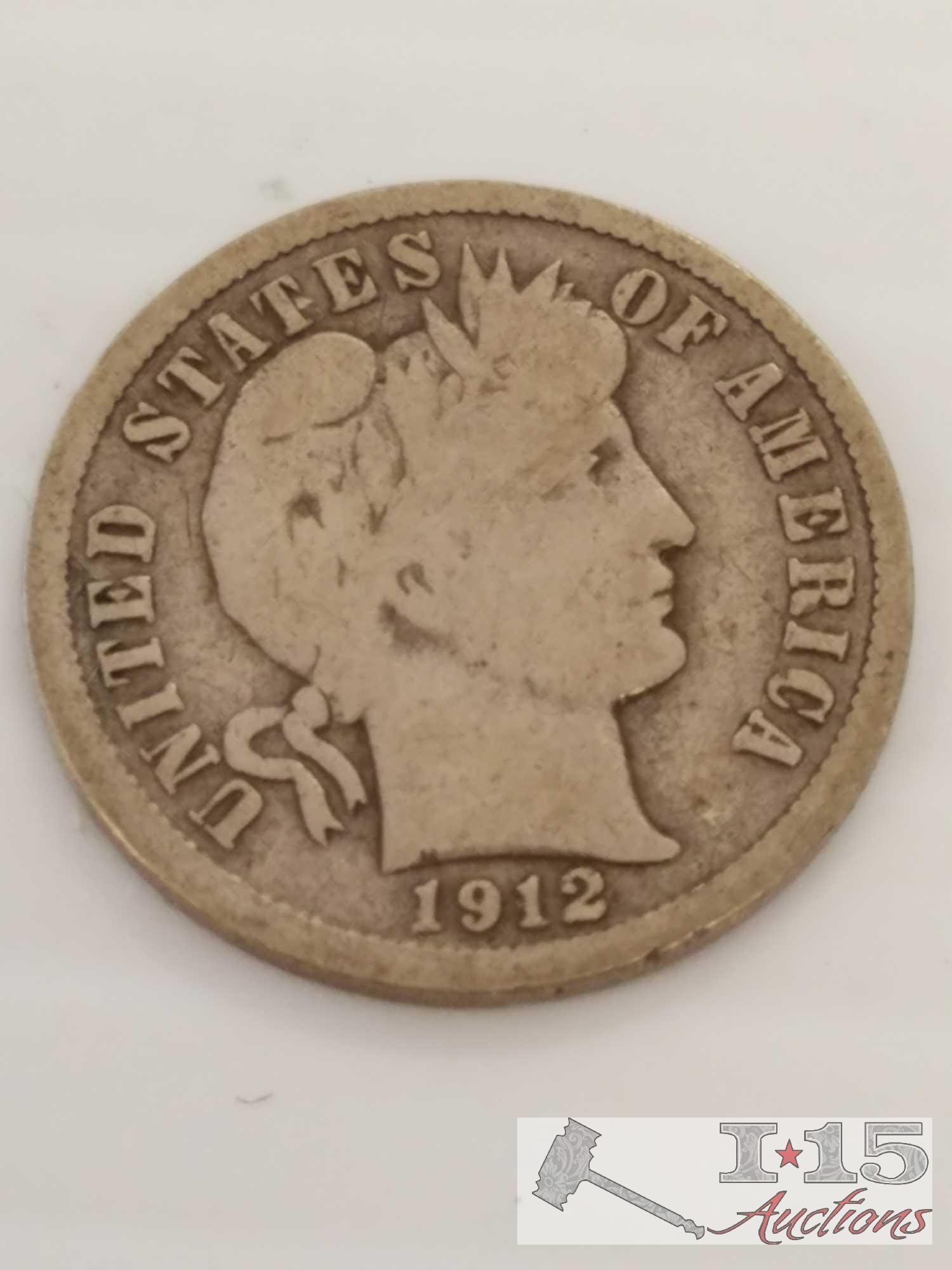 Barber dimes 1898, 1900, 1902, 1905, 1912, 1912 misshapen, 1914, 1916