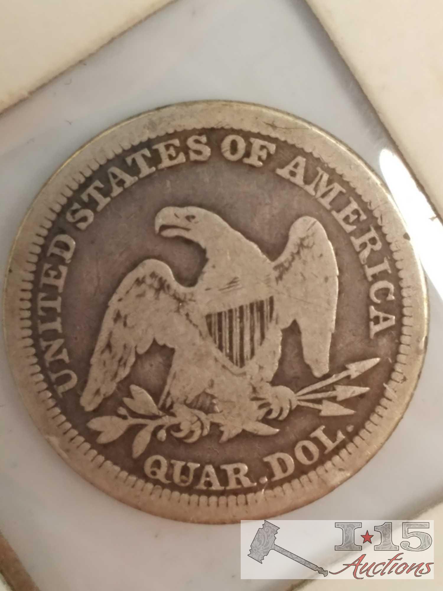 5 U.S. Seated Liberty Silver quarters: quantity 2 - 1853, 1854, 1858, 185X