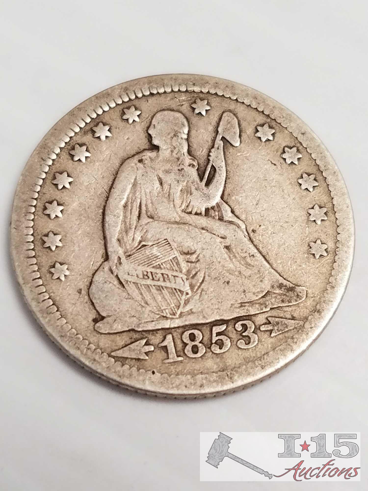 5 U.S. Seated Liberty Silver quarters: quantity 2 - 1853, 1854, 1858, 185X