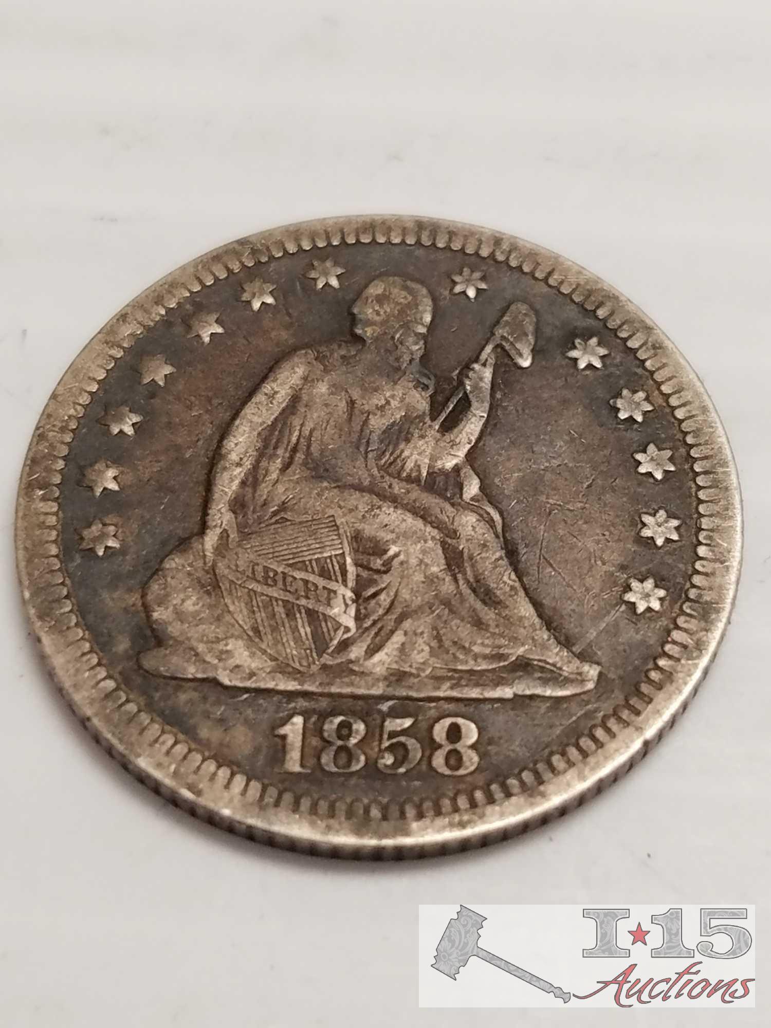 5 U.S. Seated Liberty Silver quarters: quantity 2 - 1853, 1854, 1858, 185X