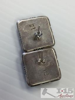 Genuine ES SIGNED Sterling Silver GASPEITE SQUARE POST Earrings
