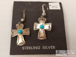 5 pairs of Sterling Silver Cross Earrings with blue stones on wire posts, Vatican Pieta Sterling