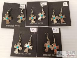 5 pairs of Sterling Silver Cross Earrings with blue stones on wire posts, Vatican Pieta Sterling