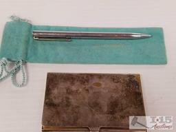 Tiffany and Co. USA silver plated business card holder and pen