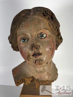 18th Century Santos Cage Doll Italian Carved Wood Polychrome Female Head