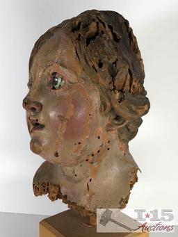 18th Century Santos Cage Doll Italian Carved Wood Polychrome Female Head