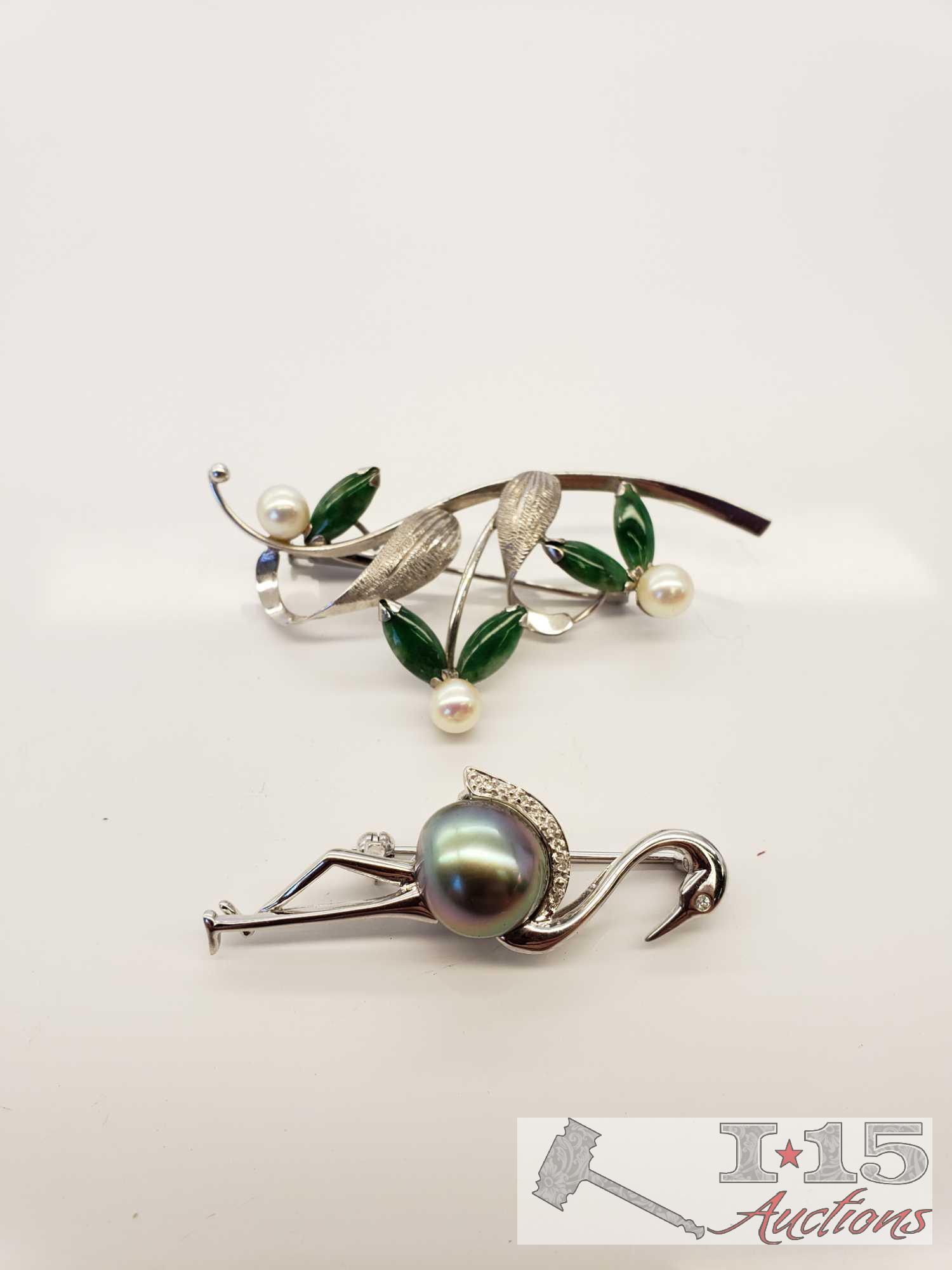 Two 14k White Gold Pins with Pearls