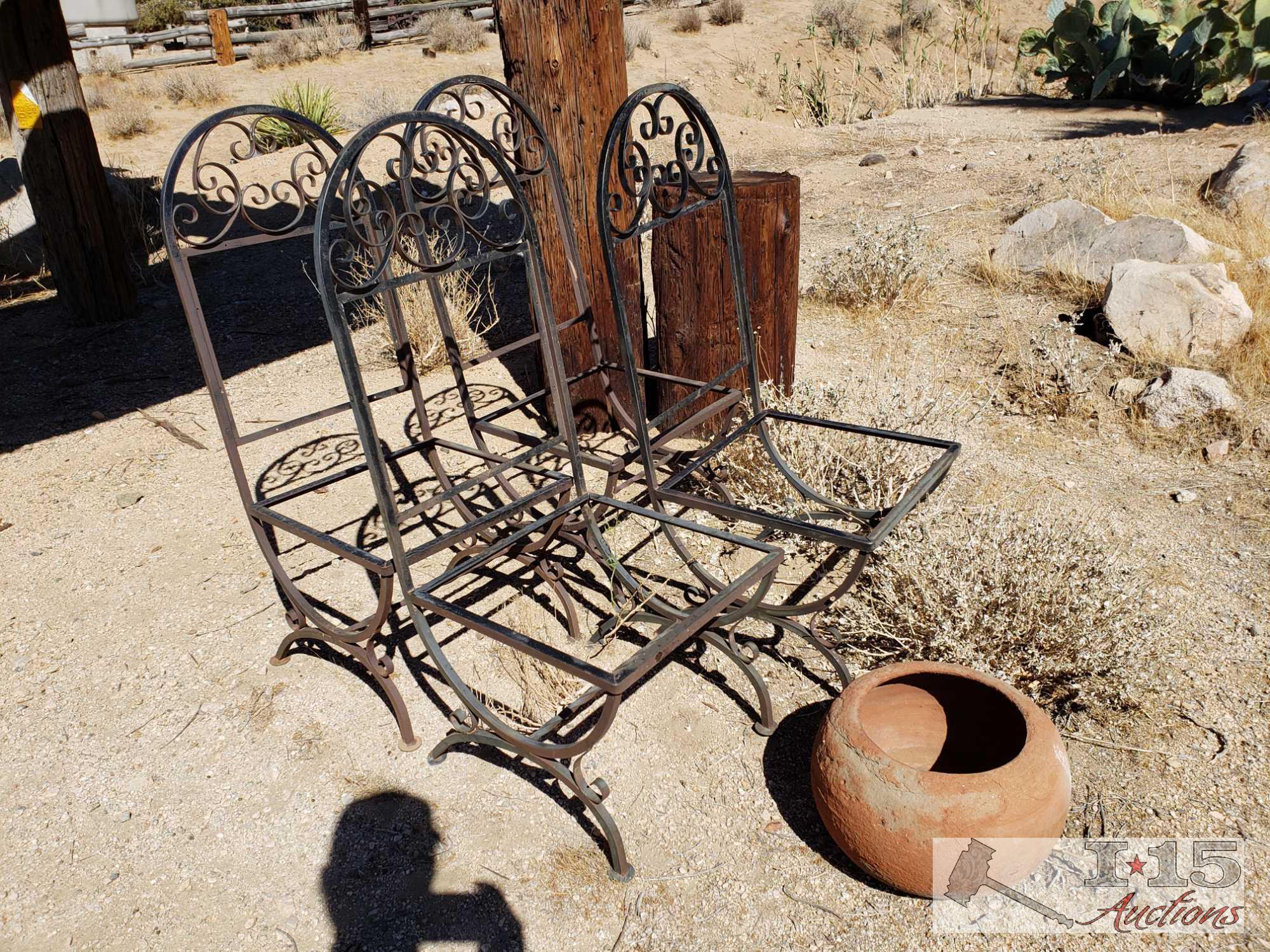 4 Vintage Metal Chairs and 1 Clay Pot