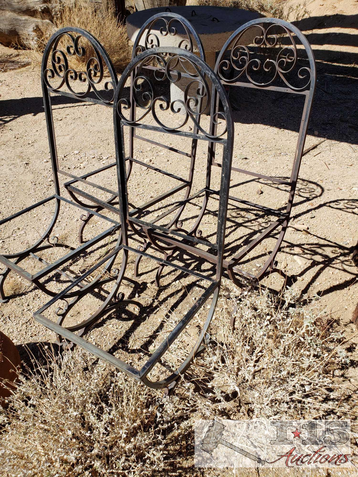 4 Vintage Metal Chairs and 1 Clay Pot