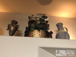 Assorted Vases, Silk Plants and Other Shelf Decor
