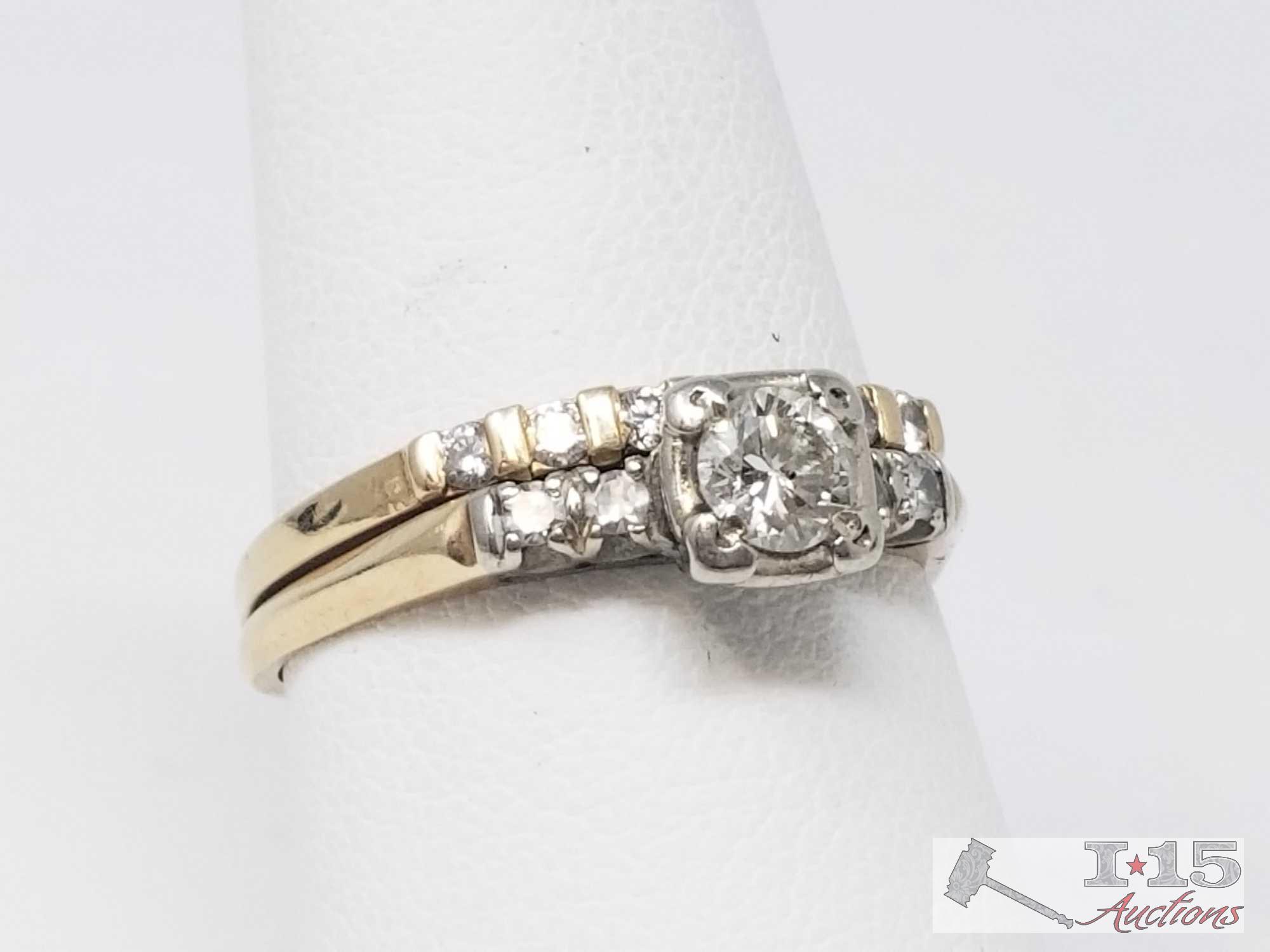 14k Gold Ring with a 1/4 ct Center Diamond and Accent Diamonds, 4g, Size 8.5