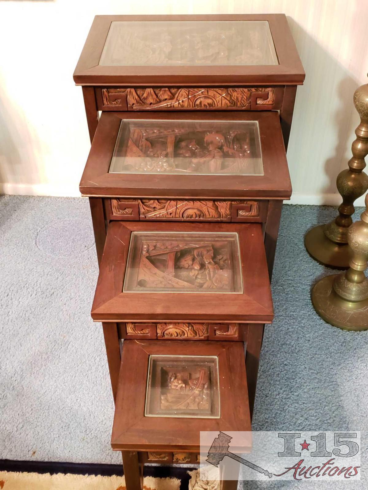 20th Century Nest Of Tables Dark Rose Wood Design of a Asian Scene With Inlaid Carved Wood,Glass Top