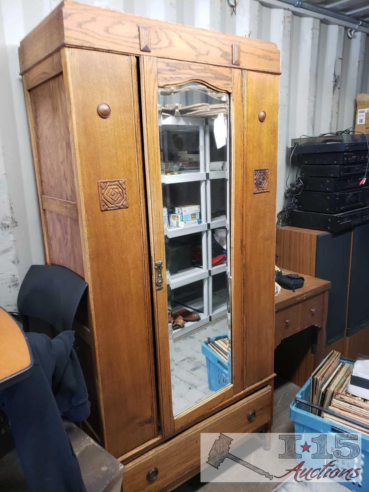 Antique Wooden Wardrobe with Mirror Door