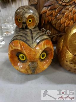 Vintage Owl Lot ... Ceramic and Handcarved 6 Pieces