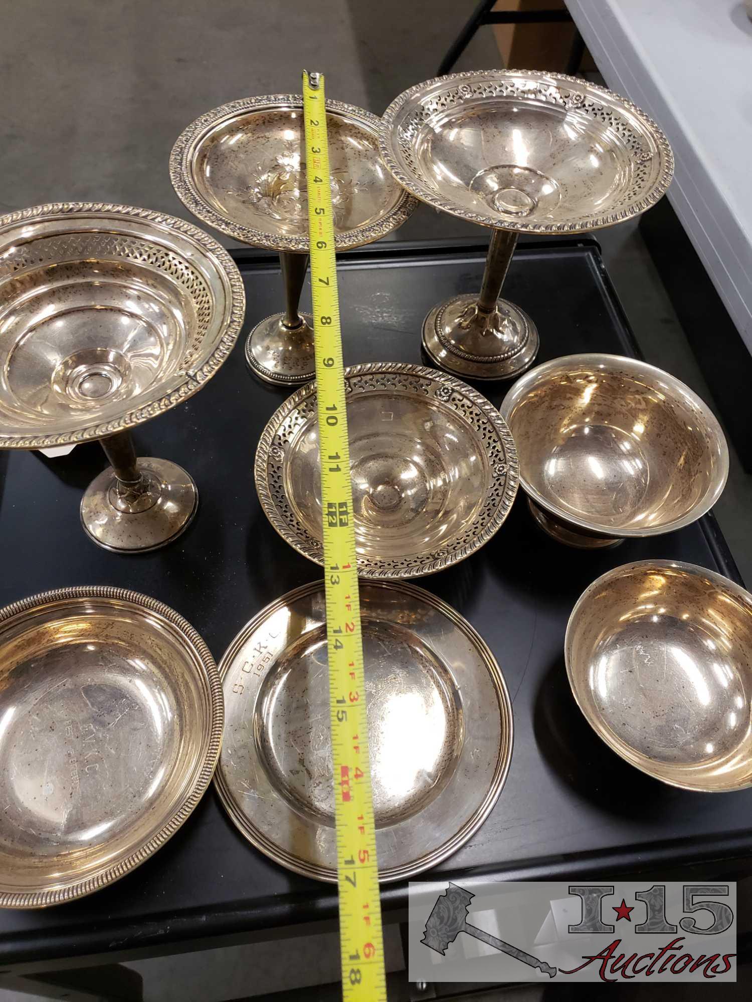 4pieces of Sterling silver Plates, candy dishes weighs 424 plus 4 pieces with weighted bases