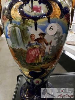 2 Large Hand Painted Glazed Over Porcelain Vase