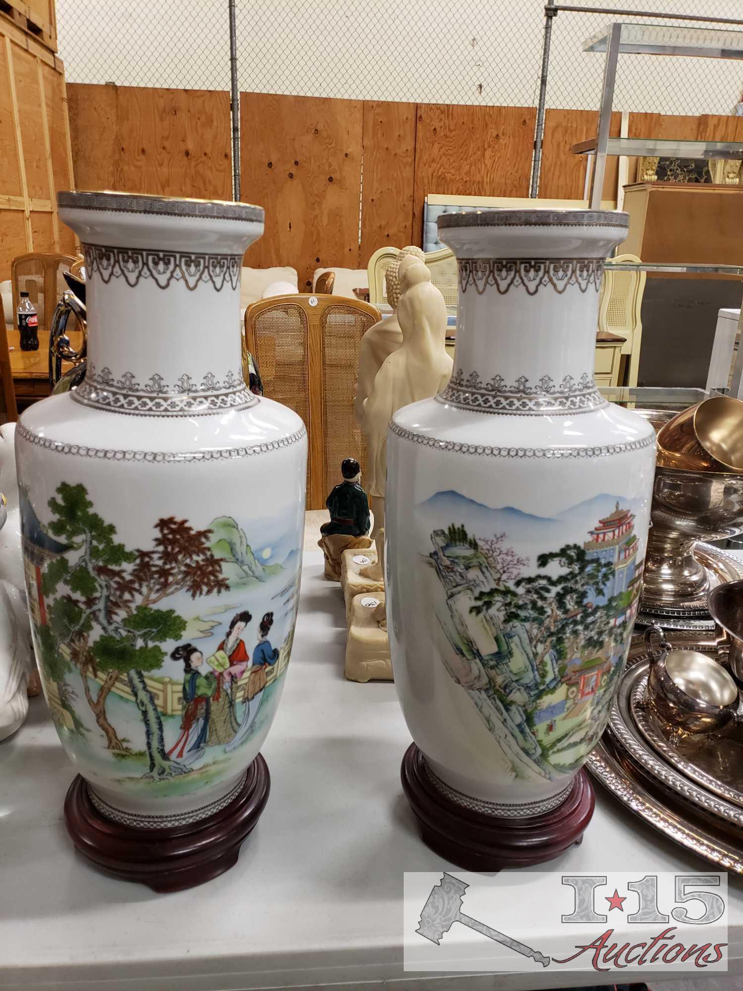 Asian Hand Painted glazed porcelain vases with pedestal stands