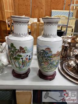 Asian Hand Painted glazed porcelain vases with pedestal stands