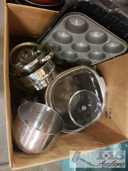 Two Boxes of Assorted Pots, Pans and Cookware