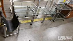 Roll Glass Shelved Cart, 2 Glass End Tables, and Magazine Holder