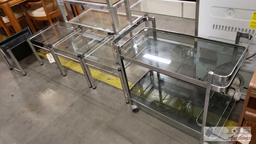 Roll Glass Shelved Cart, 2 Glass End Tables, and Magazine Holder