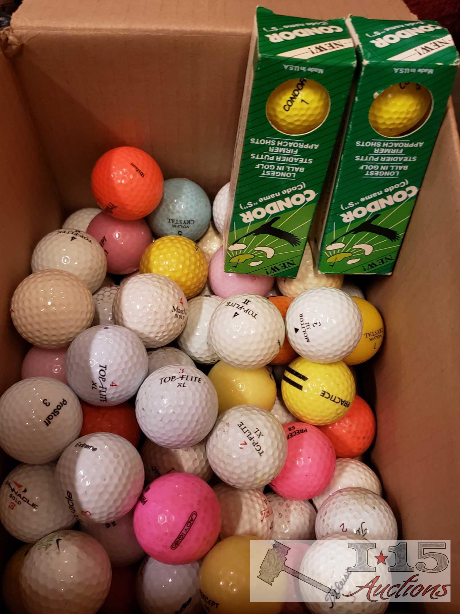 Mixed Golf Clubs, Driver Covers, 2 Racquets, 2 Boxes of Golf Balls and Tees