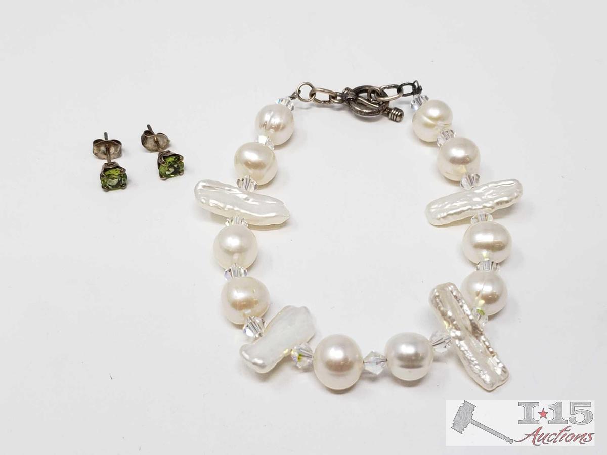 Sterling Silver Earring and Pearl Necklace with Sterling Clasp, 14.3g