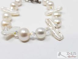 Sterling Silver Earring and Pearl Necklace with Sterling Clasp, 14.3g