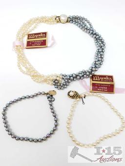 Majorica Necklace and Bracelets with Sterling Silver Clasps, 60.2g