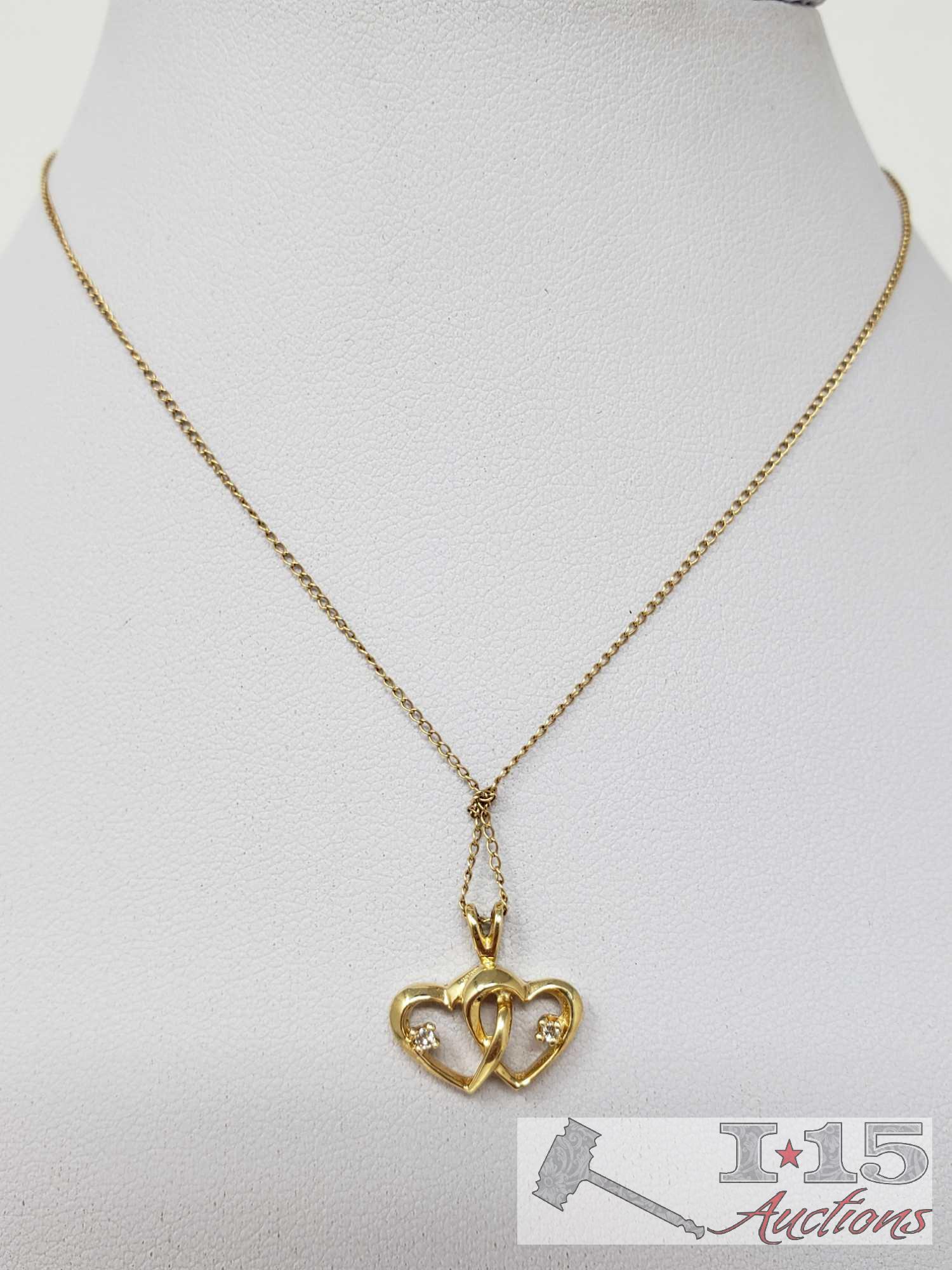 14k Gold Necklace with Gold and Diamond Pendent, 2.3g