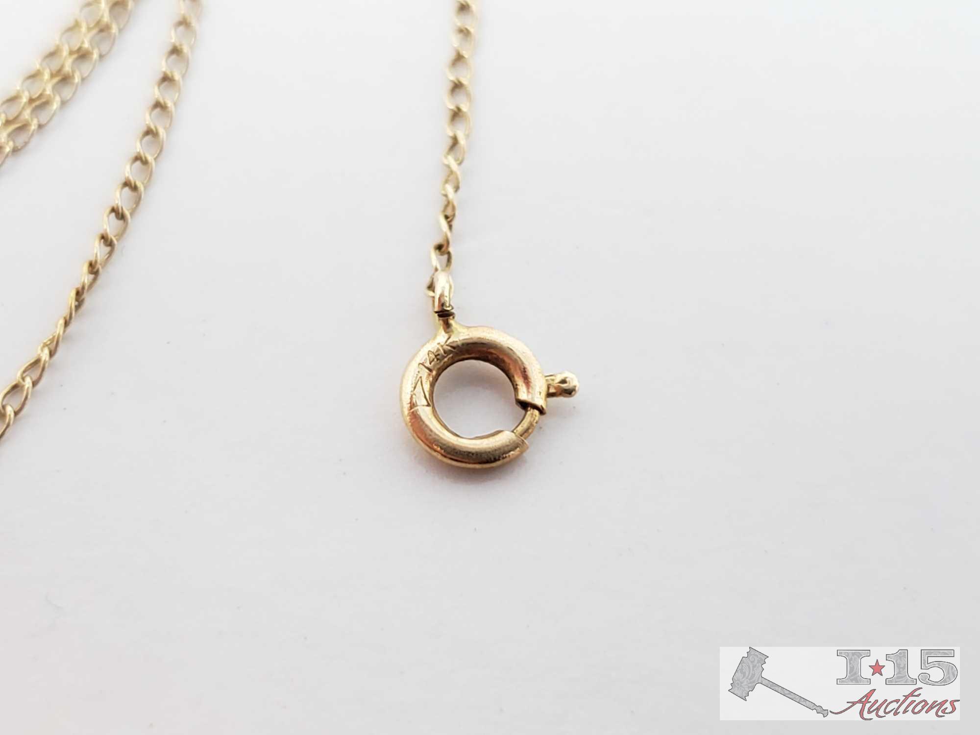 14k Gold Necklace with Gold and Diamond Pendent, 2.3g