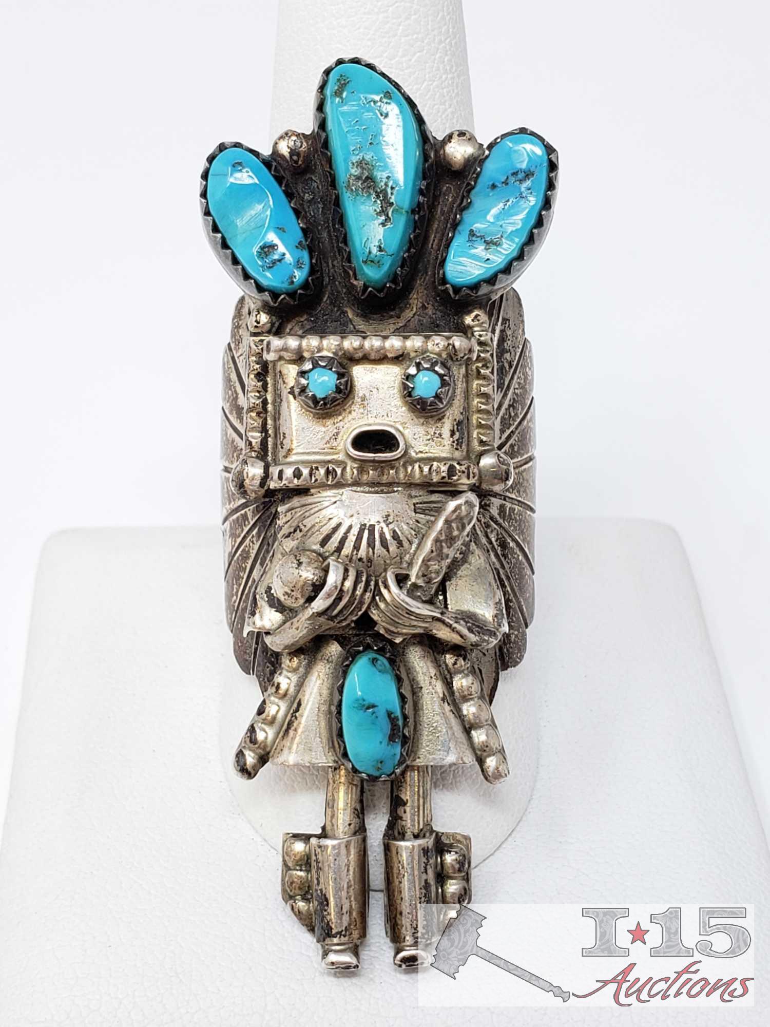 Sterling Silver and Turquoise Kachina Doll Ring, 15.1g